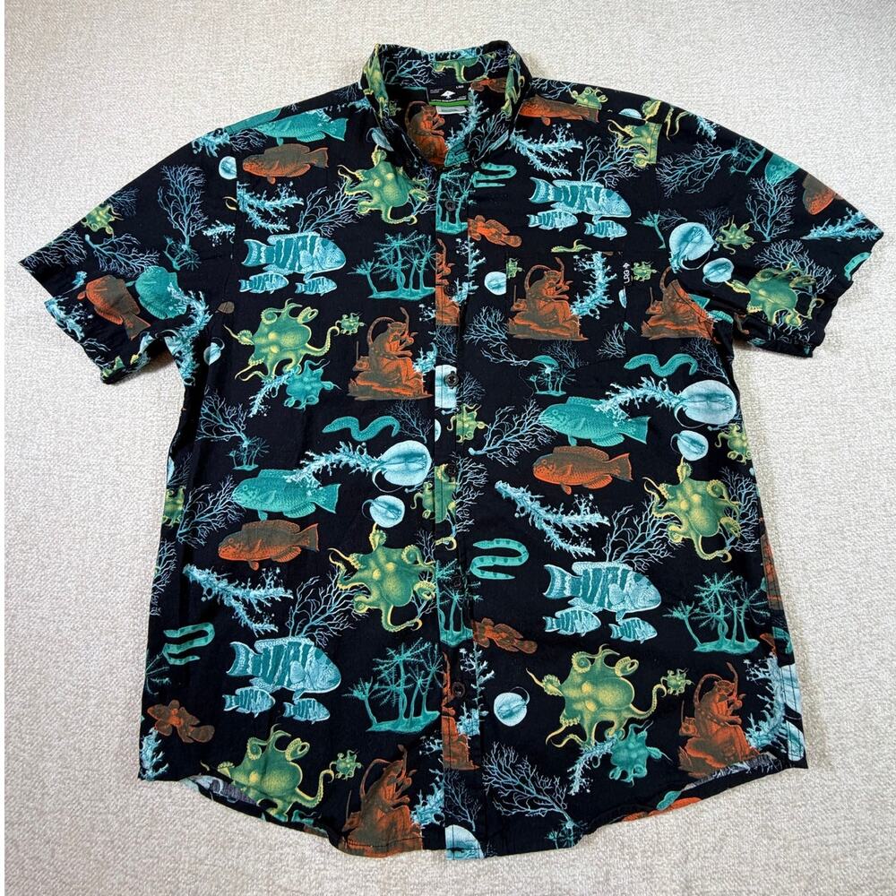 LRG Lifted Research Group Men's M Ocean Print Black Short Sleeve Button Shirt
